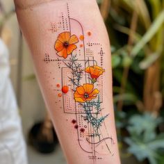 Wildflower Tattoo Master Files Modern Day Tattoos, Unique Wildflower Tattoo, Tattoos That Age Well, Finding Yourself Tattoos, Golden Poppy Tattoo, Wild Flower Sleeve Tattoo, Bright Color Tattoos For Women, Wildflower Half Sleeve Tattoo, Wildflower Bouquet Tattoo