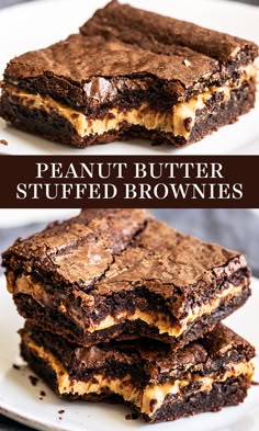 peanut butter stuffed brownies stacked on top of each other with the words, peanut butter stuffed brownies