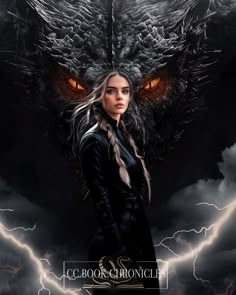 a woman standing in front of a large black dragon with red eyes and lightning behind her