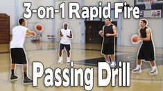 three men are playing basketball in a gym with the words, 3 on 1 rapid fire passing drill