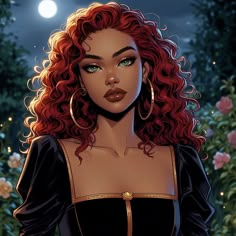 a woman with red hair and big hoop earrings standing in front of flowers at night