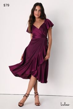 It's easy to look gorgeous when you've got a secret weapon like the Lulus Serene Sight Plum Purple Midi Wrap Dress! Lightweight, crinkle-woven fabric (with a subtle sheen throughout) shapes this elegant dress that has short flutter sleeves (with elastic at the shoulders) atop a surplice bodice with light gathering at the front. Overlapping skirt features tiered ruffles and falls to a slight high-low midi hem. Fit: This garment fits true to size. Length: Knee to mid-calf length. Size medium measu August Wedding Guest Dress Plus Size, Dress For Big Arms Women, Wedding Cocktail Attire For Women, Cocktail Dress Wedding Summer, Wrap Dress With Ruffles, Ring Outfit, Wedding Guest Dress Midi, Wedding Guest Outfit Winter, Cocktail Dress Wedding Guest