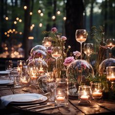 an outdoor dinner table set up with candles and flowers in glass vases on top