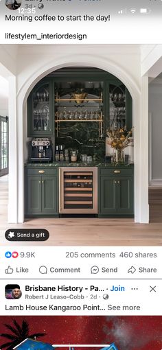 an instagramted photo of a kitchen with green cabinets