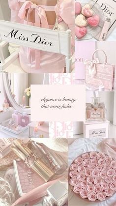 a collage of pink and white items with the words miss dior