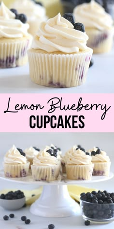 lemon blueberry cupcakes with white frosting and blueberries on the top