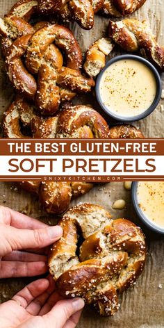 the best gluten - free soft pretzels with dipping sauce on top