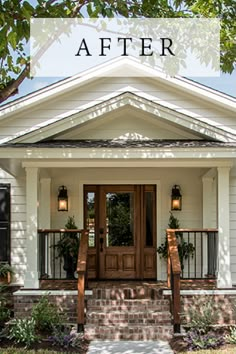 a white house with the words before and after overlaying it's front door