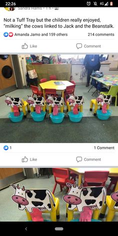 two screenshots of children's toys in the same room, one has a cow table and chairs