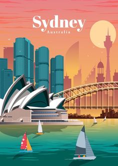 an illustration of sydney, australia with the opera building in the background and sailboats on the water