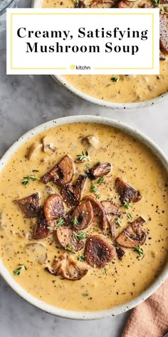 creamy, tasty looking mushroom soup in two bowls