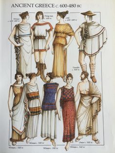 an ancient greek dress pattern from the 1800's, with different styles and colors