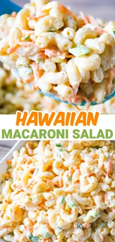 hawaiian macaroni salad in a glass bowl with the title above it and an image of