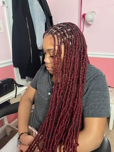 Burgundy Soft Locs With Curls, Burgundy Goddess Locs, Dark Red Soft Locs, Burgundy Soft Locs Black Women, Red Soft Locs Black Women, Dark Burgundy Locs, Burgundy Boho Locs, Red Faux Locs Black Women, Burgundy Faux Locs Black Women