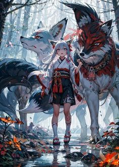 a girl standing next to two wolfs in the woods with red leaves on them