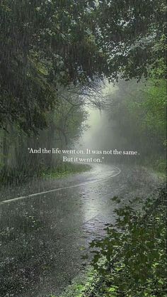 an image of a rain soaked road with the quote and the life went on it was not the same