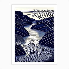 a blue and white print with trees in the distance, water flowing from it's mouth