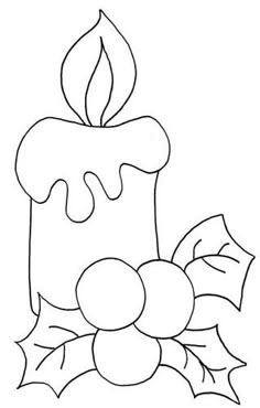 a candle with holly leaves and berries on the table coloring pages for kids, free printable