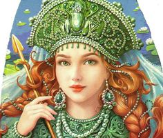 a painting of a woman with long red hair and green dress holding an umbrella in her hand