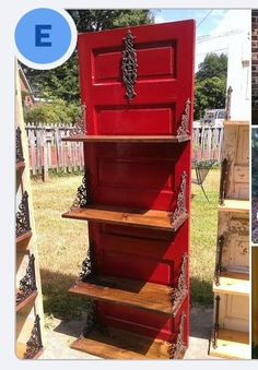 an old red door turned into a shelf