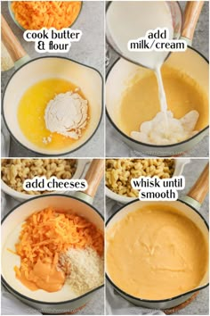 the steps to making carrot cheese soup in a pot with ingredients being mixed into it