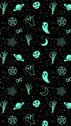 a black background with green and white halloween symbols on it's sides, all over the place