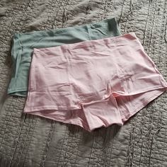 2 Pairs Of Pink Cotton Boyshorts In Pale Pink And Sage Green Stretch Brief Shorts For Loungewear, Stretch Short Boxer Briefs For Spring, Pink Stretch Pajama Shorts With Short Legs, Summer Brief Pajama Shorts For Loungewear, Solid Color Brief Shorts For Loungewear, Solid Boxer Briefs For Summer Loungewear, Summer Boxer Briefs For Loungewear, Pink Shorts For Loungewear With Short Inseam, Pink Stretch Pajama Shorts