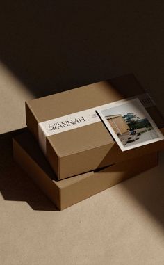 two boxes sitting next to each other on top of a table with a postcard in the middle