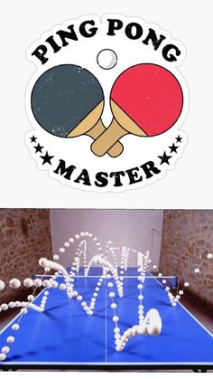 ping pong master sticker next to a ping pong table with balls on it