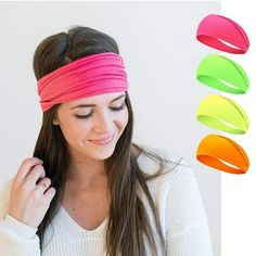 a woman wearing a headband with five different colors