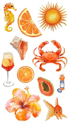 watercolor painting of different types of food and drinks