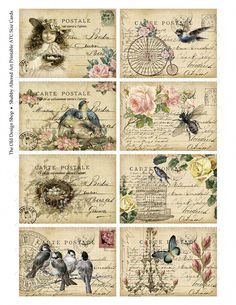 four vintage postcards with birds, flowers and other things on them in french script