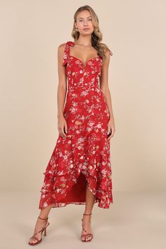 Everyone will be in awe of your charming style when you step onto the scene in the Lulus So Elevated Red Floral Jacquard Tie-Strap High-Low Midi Dress! Airy woven chiffon boasts a vibrant floral print and tonal floral jacquard design as it shapes a princess-seamed bodice, a sweetheart neckline (with a notched detail and a supportive V-bar), and long straps that tie at the shoulders. The high, fitted waist tops a skirt with a faux wrap-style silhouette, tiered ruffled details, and a high-low midi Tie Strap Dress, Midi Dress Floral, High Low Midi Dress, Jacquard Design, Red Floral Dress, Floral Jacquard, Tie Dress, Floral Midi Dress, Large Size Dresses