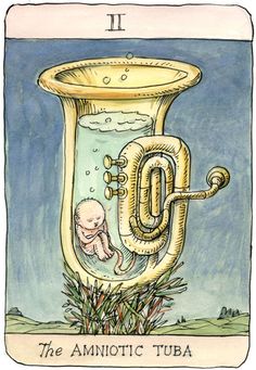 a tarot card with an image of a baby in a jar and the words, the