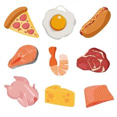 different types of food including meat, cheese and an egg on a white background illustration