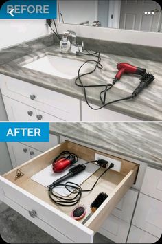 two images show the same bathroom sink and hair dryer in different stages of being cleaned