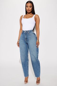 Available In Vintage Wash. Mom Jean Non Stretch Loose Fit Tapered Leg Vintage Wash 5 Pocket 29" Inseam 11.5" High Rise Disclaimer: Due To The Specialized Wash & Distressing Process, Each Garment Is Unique 100% Cotton Imported | Everyone And Her Mom Jeans in Vintage Wash size 16 Plus by Fashion Nova How To Style Mom Jeans Casual, Tapered Jeans Women Outfit, Light Wash Mom Jeans Outfit, Moms Jeans Outfit Ideas, Petite Jeans For Women, Blue Jeans Outfit Women, Size 16 Women Outfits, Modern Blouse Designs, Jean Wide Leg