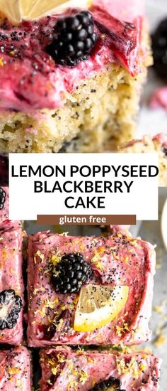 lemon poppy seed blackberry cake with blackberries on top and the title overlay reads, lemon poppy seed blackberry cake