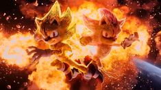 two cartoon cats flying through the air with fire in front of them and an earth globe behind them