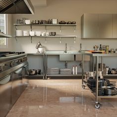 a kitchen with stainless steel appliances and shelves