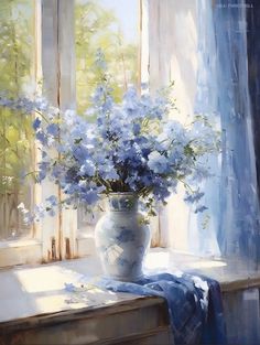 a painting of blue flowers in a vase on a window sill