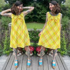 "If you're a fan of tent dresses like myself, this is the piece for you! Ultra mod and adorable 60's Twiggy dress. Yellow with a rainbow plaid and oversized bow at chest. Back zipper, fully lined.  Bust: best for 30-34\" Waist: up to 38\" Hips: up to 50\" Model is 5'7\" and 115 lbs with 30\" bust, 24\" waist, and 34\" hips. This fit great!" 60s Twiggy, Twiggy Dress, Rainbow Plaid, 115 Lbs, 1960s Mod, Dress Bow, Tent Dress, Yellow Plaid, Dress Yellow