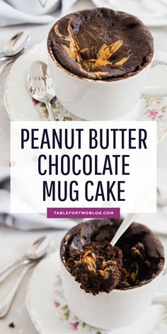 two cups filled with peanut butter chocolate mug cake on top of a white saucer