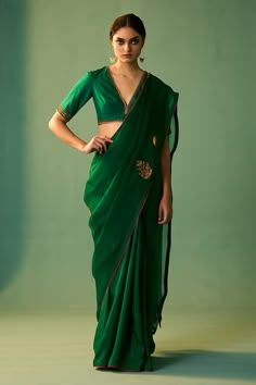 Green habutai silk and organza saree with dori, marori and zardosi hand embroidery. - Aza Fashions Saree Blouse With Short Sleeves, Casual Saree Blouse Designs, Green Sari Look, Green Saree Bride, Green Blouse Designs For Saree Silk, Green Blouse Designs For Saree Bridal, Green Saree Look, Embroidery Designs For Sarees, Green Organza Saree