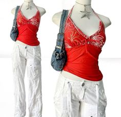 Actual Y2k Outfits, Early 2000s Summer Fashion, Summer Downtown Outfits, 2000s Summer Outfits, Red Tank Top Outfit, Actual Y2k, Mcbling Fashion, 2000s Outfit, 2000s Clothes