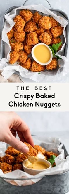 the best crispy baked chicken nuggets with dipping sauce in a tin pan