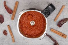 an overhead view of a food processor with spices surrounding it