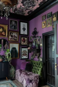 a living room with purple walls and pictures on the wall