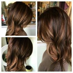 Medium brown hair with chestnut lowlights and caramel highlights, soft waves Balayage Straight, Warm Brunette, Medium Brown Hair, Caramel Hair, Caramel Highlights, Dark Brown Hair Color, Brown Blonde Hair