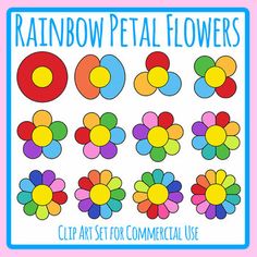 the rainbow petal flowers clip art set for commercial use is shown in different colors